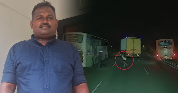 ട്രക്ക് ഇടിച്ച് വീണത് ബസിനു മുന്നിൽ; കെഎസ്ആർടിസി ഡ്രൈവറുടെ സമയോചിത ഇടപെടലിൽ കർണാടക ഡ്രൈവർക്ക് അദ്ഭുതരക്ഷ
