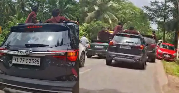സൺ റൂഫിനു മുകളിൽ, ഡോർ തുറന്ന് പുറത്തേക്ക്…; വിവാഹ ആഘോഷത്തിനിടെ അപകട ഡ്രൈവിങ്, നടപടി