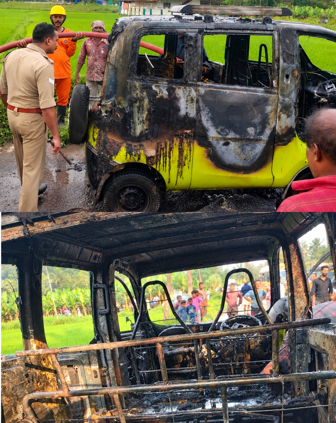 വിദ്യാർത്ഥികളുമായി പോയ നാലുചക്ര ഓട്ടോറിക്ഷ കത്തിനശിച്ചു
