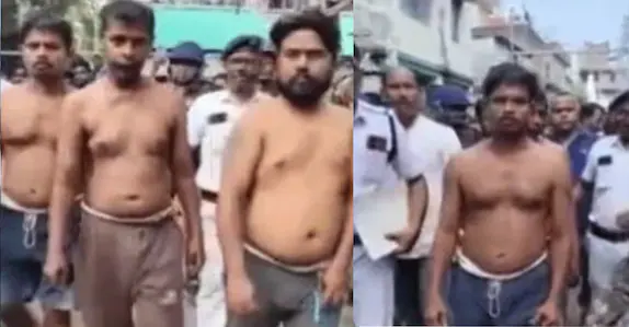 കാമുകനേയും പിതാവിനേയും തോക്കുചൂണ്ടി നഗ്നരാക്കി: ബംഗാളിൽ പ്രതികളെ ഷർട്ടില്ലാതെ നടത്തിച്ച് പൊലീസ്, വിവാദം