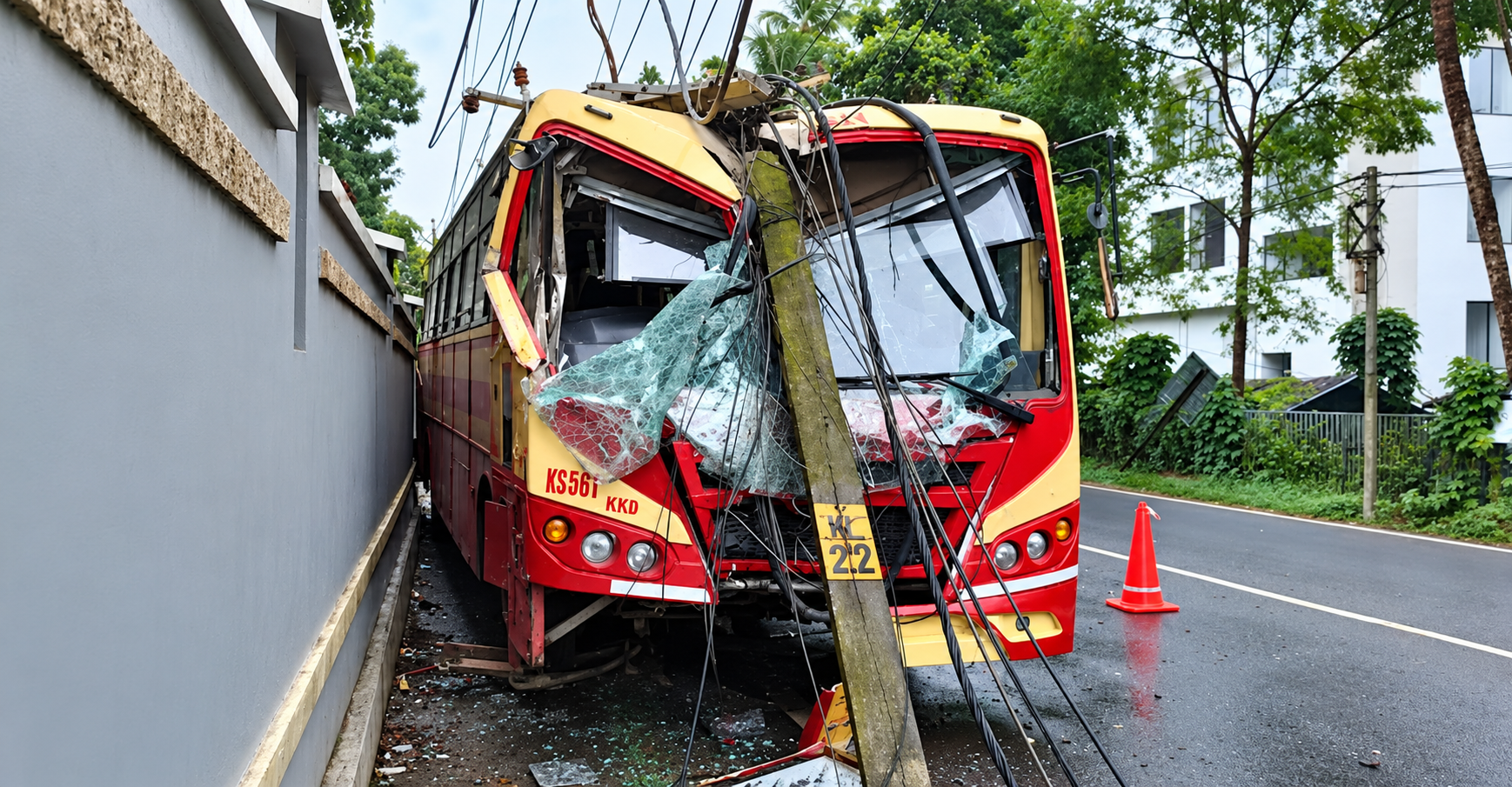 കനത്ത മഴയ്ക്കിടെ നിയന്ത്രണം വിട്ട കെഎസ്ആർടിസി ബസ് വൈദ്യുതി പോസ്റ്റുകളിൽ ഇടിച്ച് അപകടം; ഡ്രൈവർക്ക് ഗുരുതര പരുക്ക്